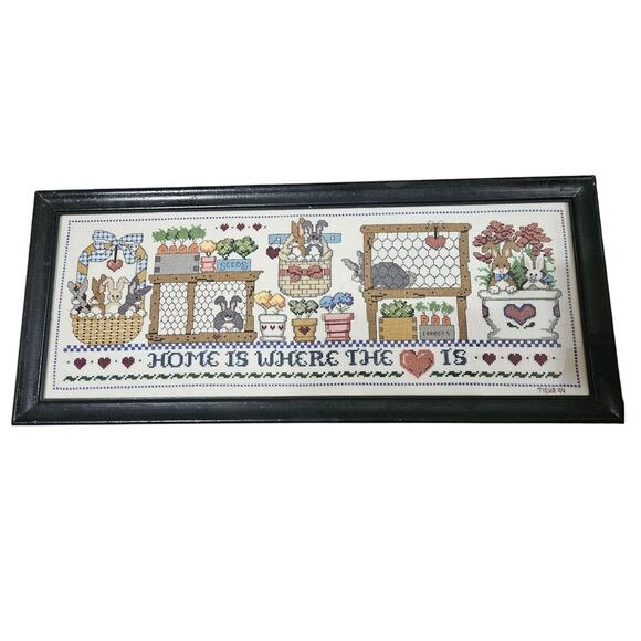 Vintage 90s Framed Cross Stitch 10x24 in Home is Where the Heart Is Bunny Farm - Picture 1 of 4